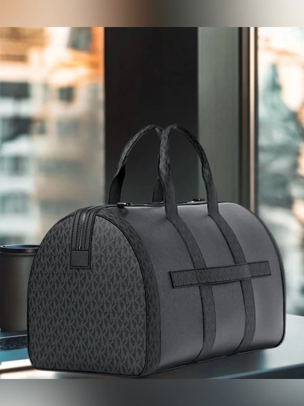 Michael Kors Cooper Pebbled Leather and Logo Duffel Travel Bag Black